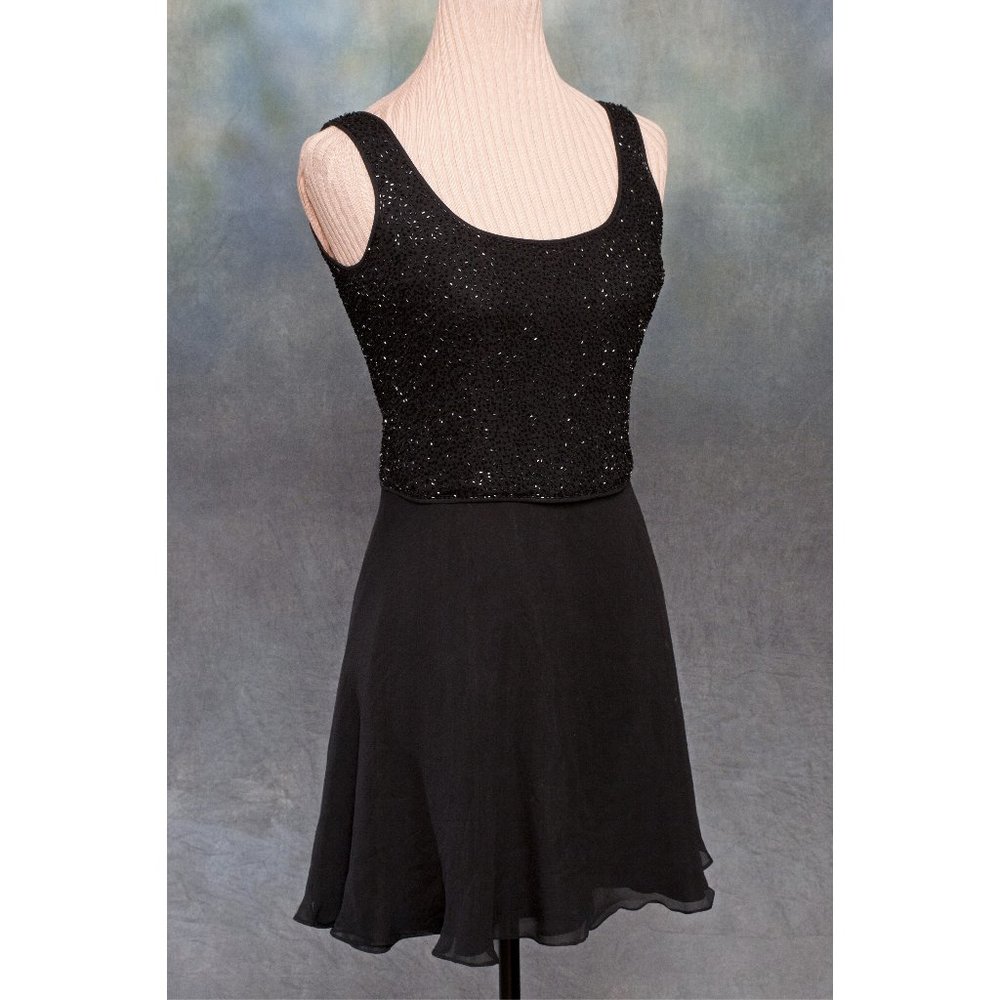 Bieff Basix Womens Size 4 100% Silk Little Black Beaded Semi-sheer Dress